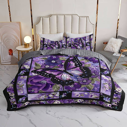 Shineful All Season Quilt 3-Piece Set Gorgeous Purple Butterfly Flowers