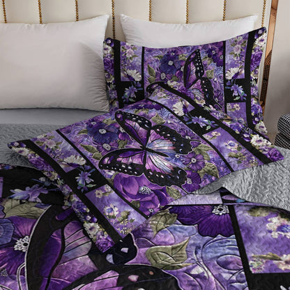 Shineful All Season Quilt 3-Piece Set Gorgeous Purple Butterfly Flowers