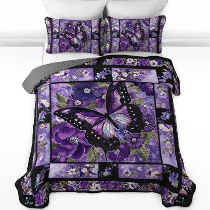 Shineful All Season Quilt 3-Piece Set Gorgeous Purple Butterfly Flowers