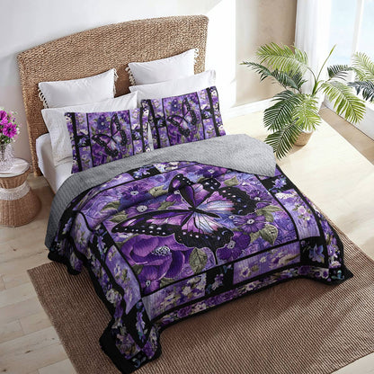 Shineful All Season Quilt 3-Piece Set Gorgeous Purple Butterfly Flowers