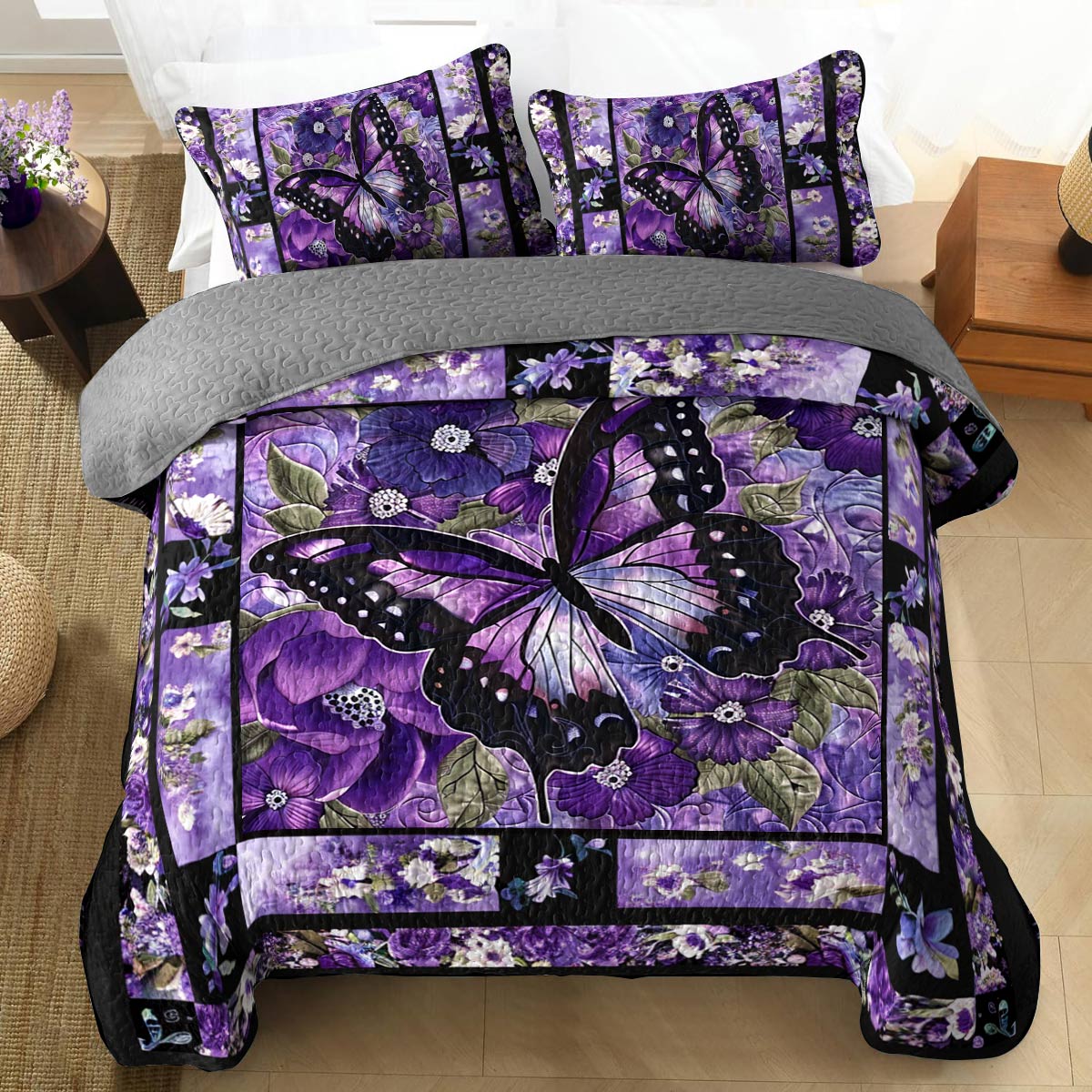 Shineful All Season Quilt 3-Piece Set Gorgeous Purple Butterfly Flowers