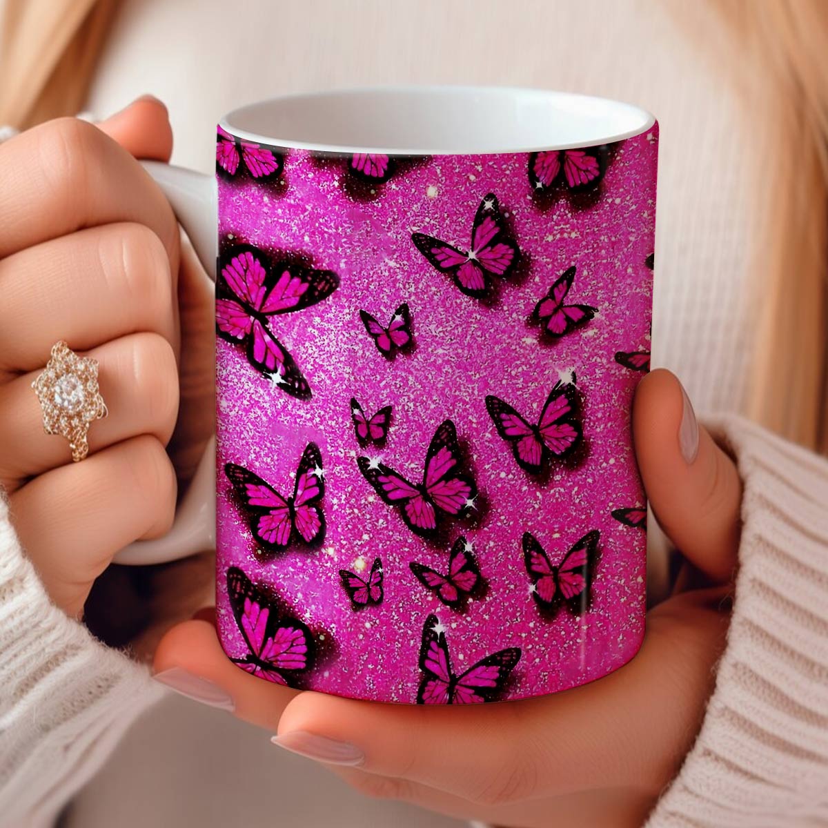 Tasse en céramique brillante Papillon rose