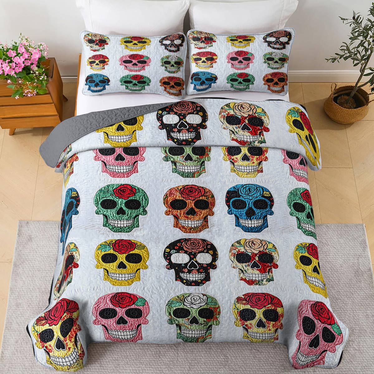 Shineful All Season Quilt 3-Piece Set  Colorful Sugar Skull Roses