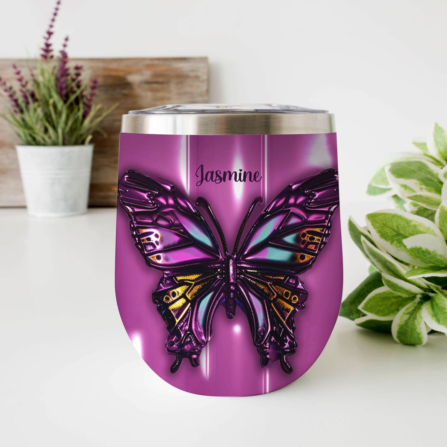 Shineful Personalized Wine Tumbler Gorgeous Butterfly Puffy