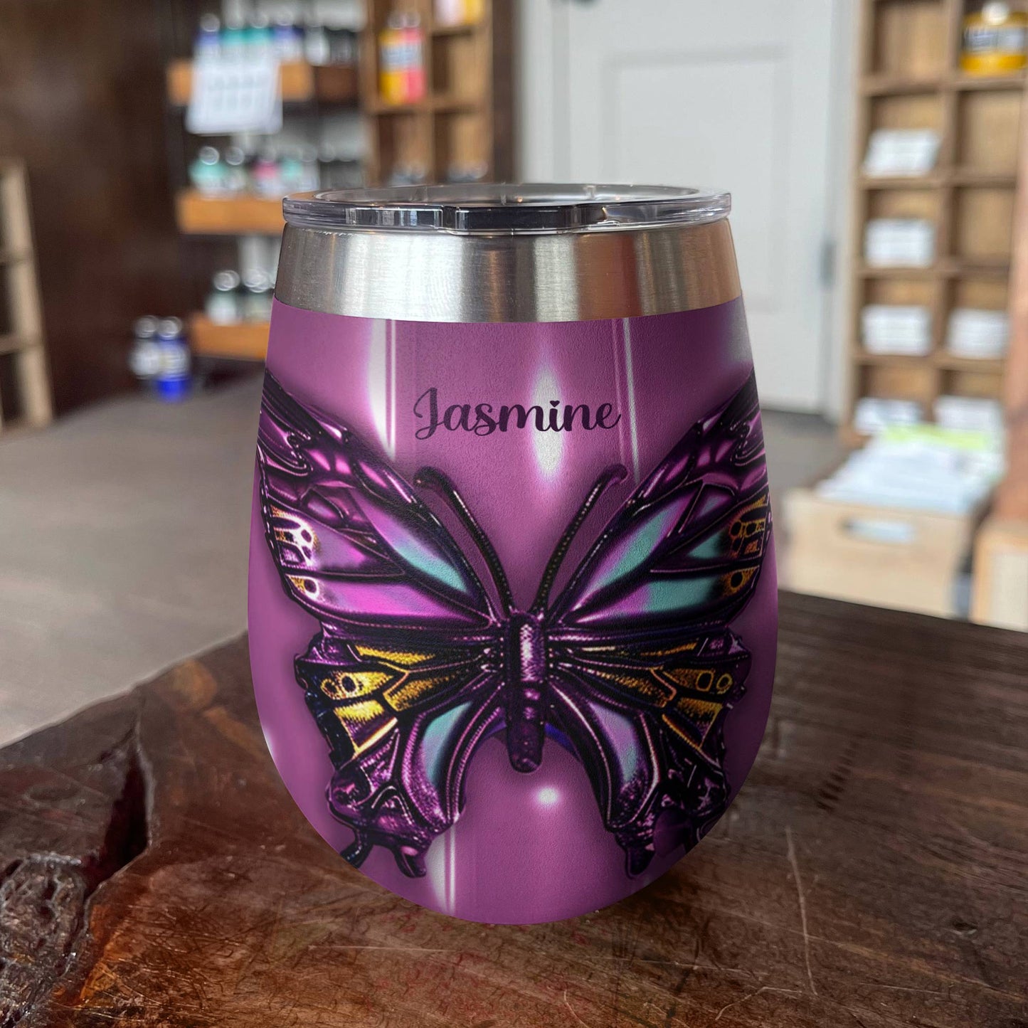 Shineful Personalized Wine Tumbler Gorgeous Butterfly Puffy