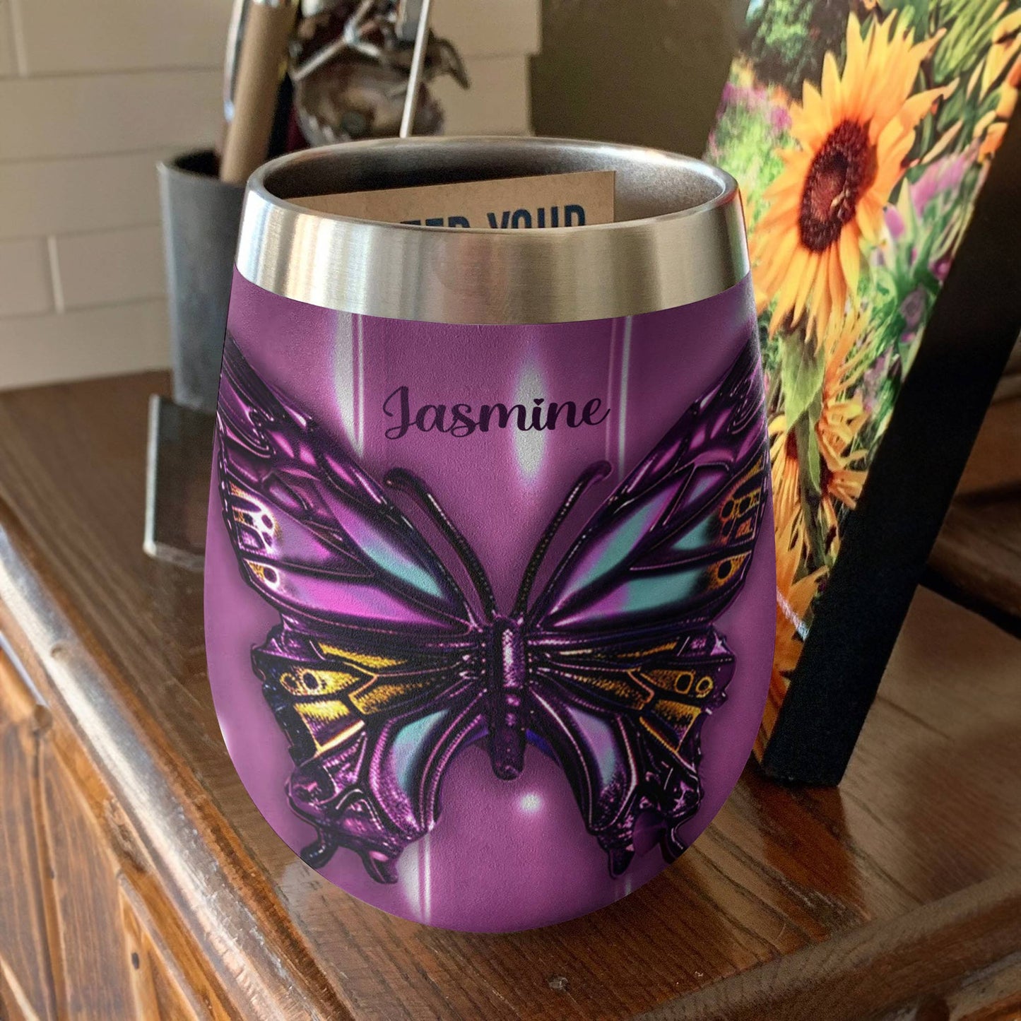 Shineful Personalized Wine Tumbler Gorgeous Butterfly Puffy