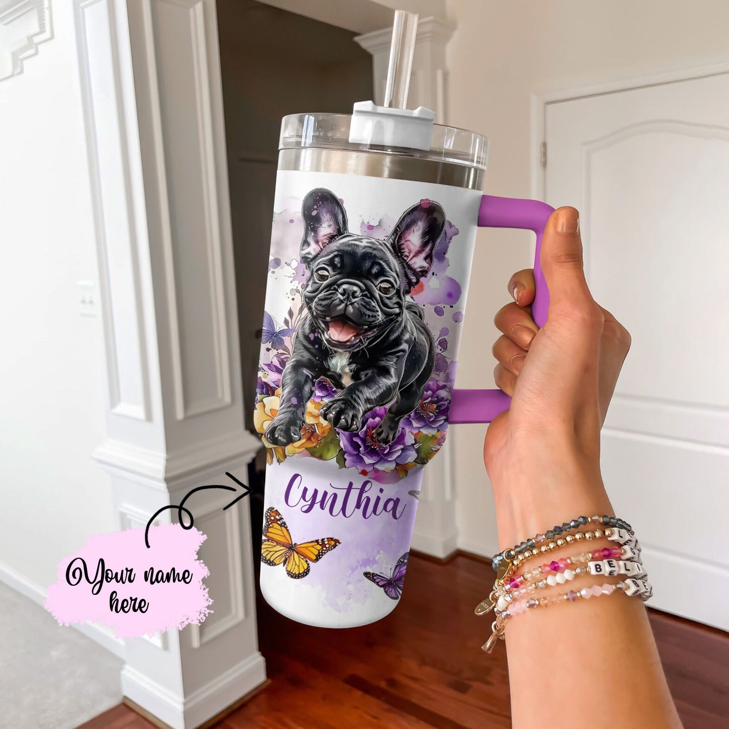 Shineful Tumbler Personalized Frenchie Butterfly Garden