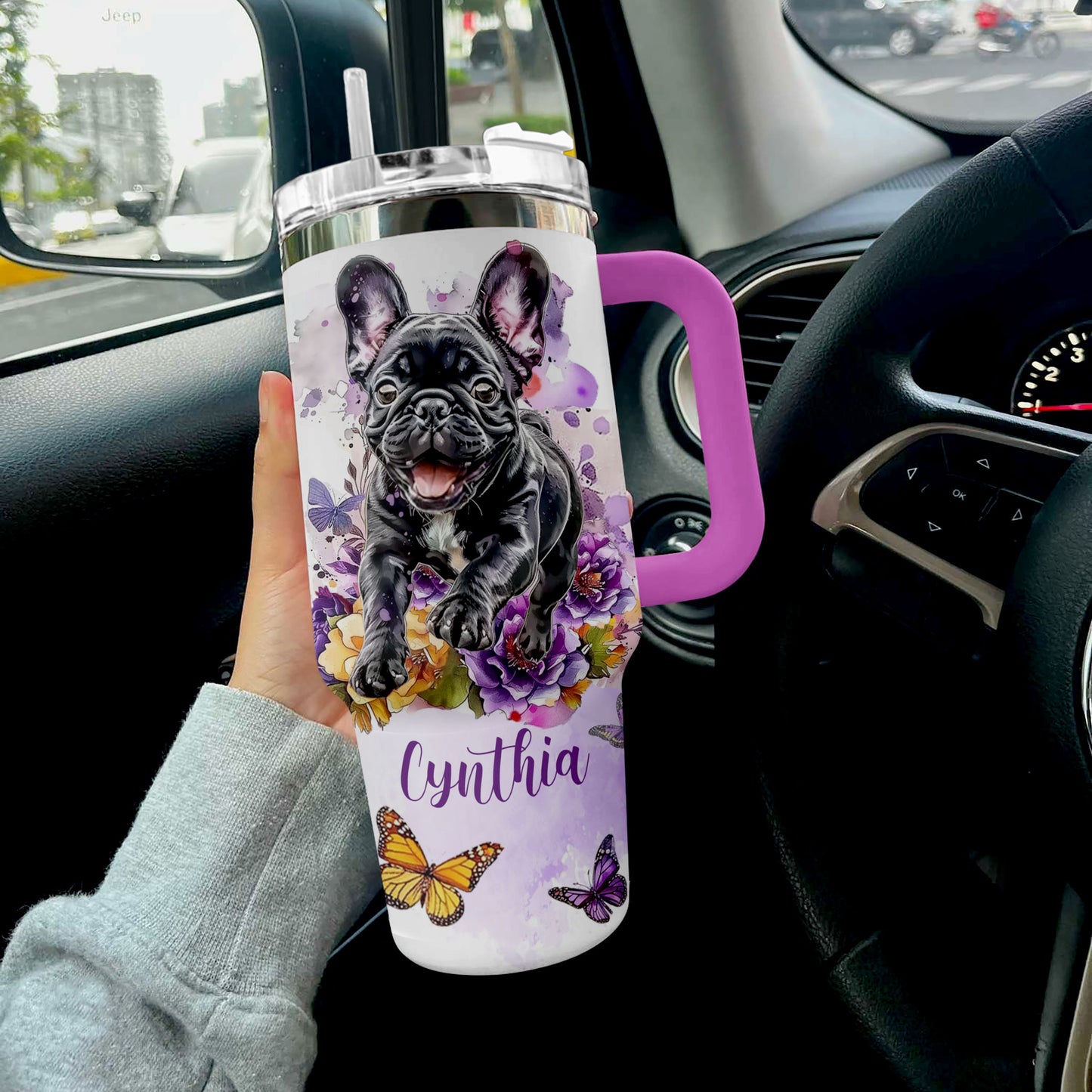 Shineful Tumbler Personalized Frenchie Butterfly Garden