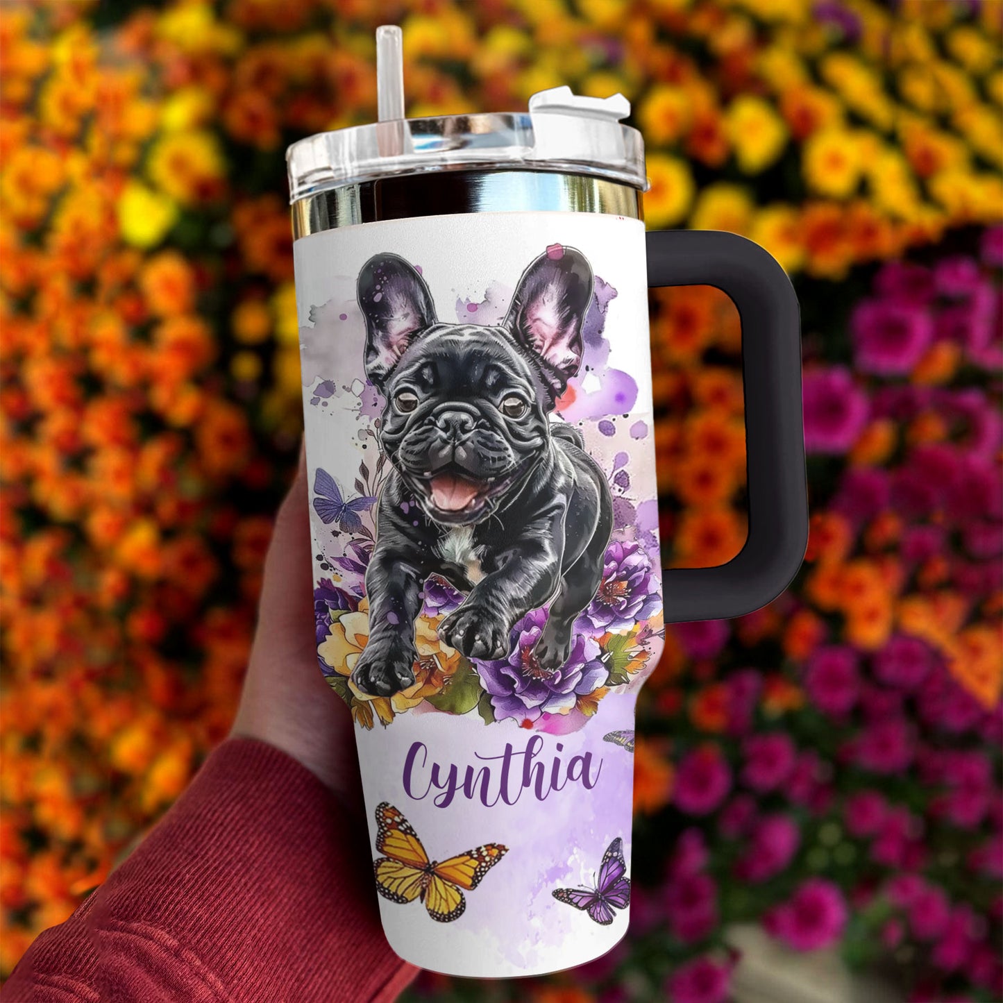 Shineful Tumbler Personalized Frenchie Butterfly Garden