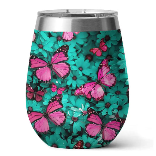 Shineful Wine Tumbler Butterfly Turquoise Blooms