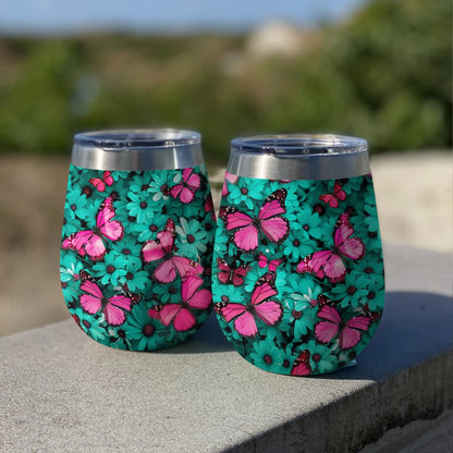 Shineful Wine Tumbler Butterfly Turquoise Blooms