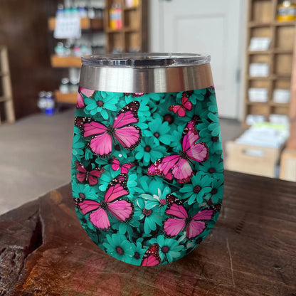 Shineful Wine Tumbler Butterfly Turquoise Blooms