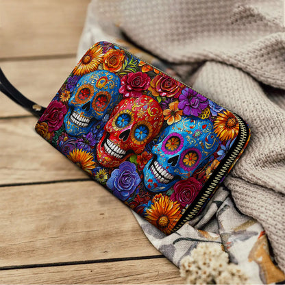 Shineful Leather Clutch Purse With Wristlet Strap Handle Vibrant Sugar Skull