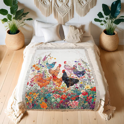 Shineful Woven Tapestry Throw Blanket - Rooster Garden Bliss