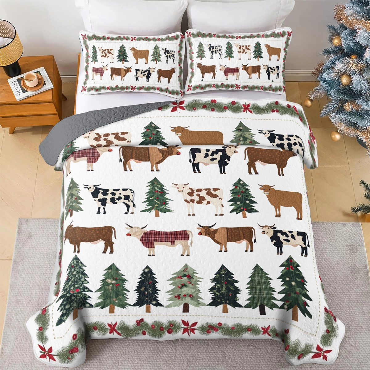 Shineful All Season Quilt 3-Piece Set Evergreen Christmas Cow