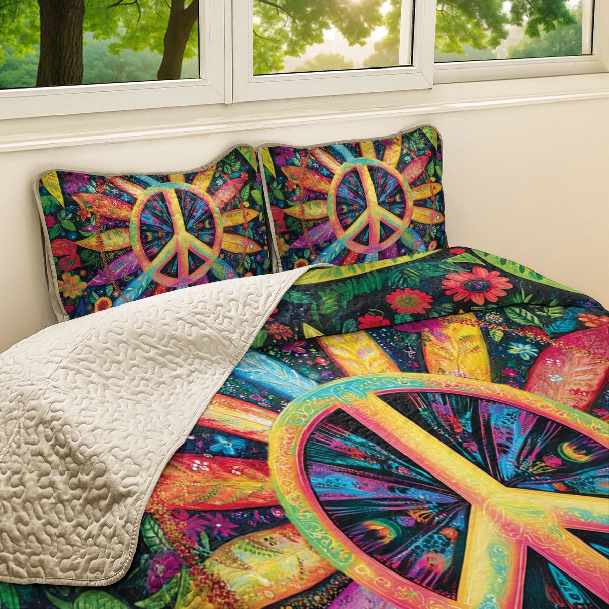 hineful All Season Quilt 3-Piece Floral Peace Sign Paradise