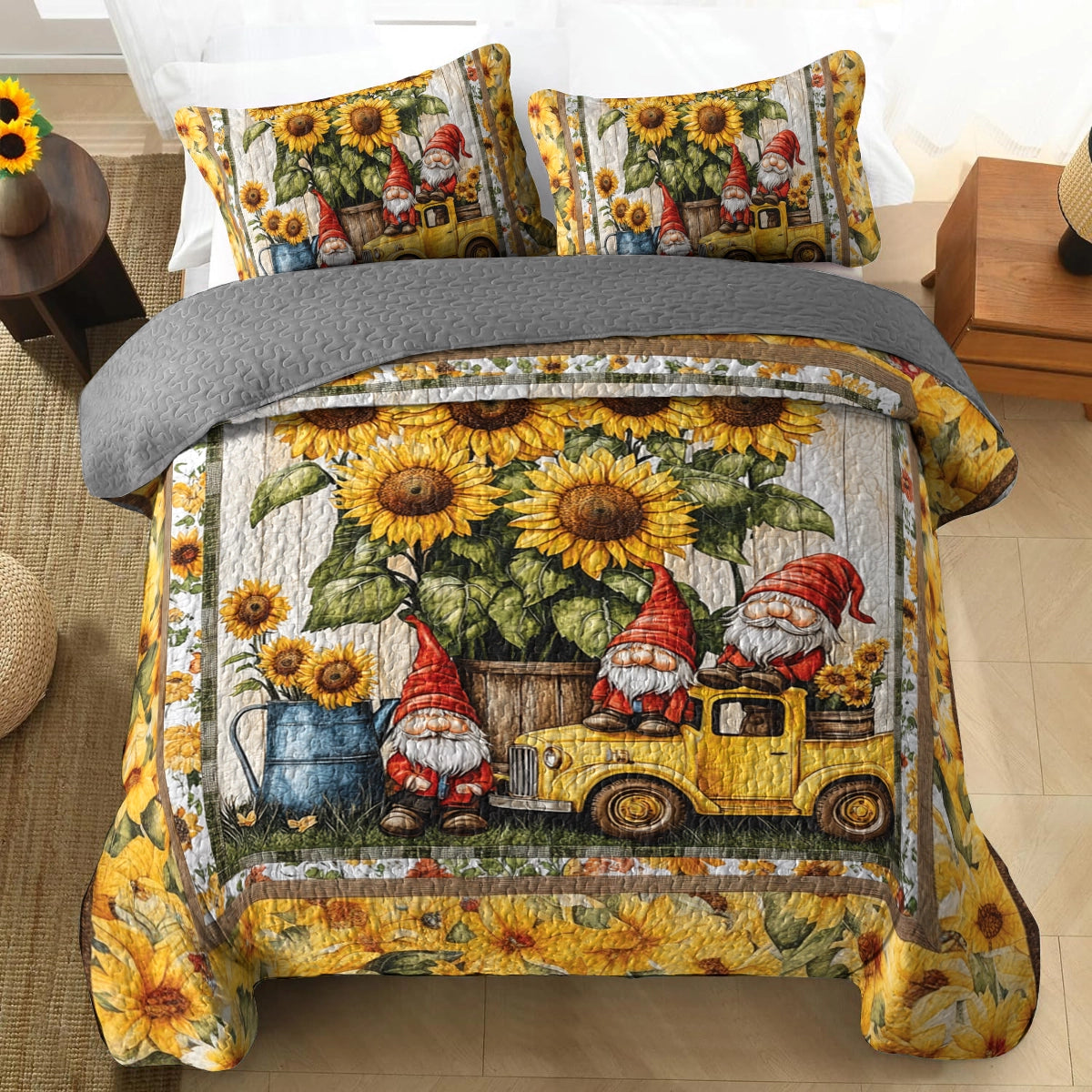 Ensemble de courtepointe toutes saisons Shineful 3 pièces Gnome Sweet Gnome Sunflower