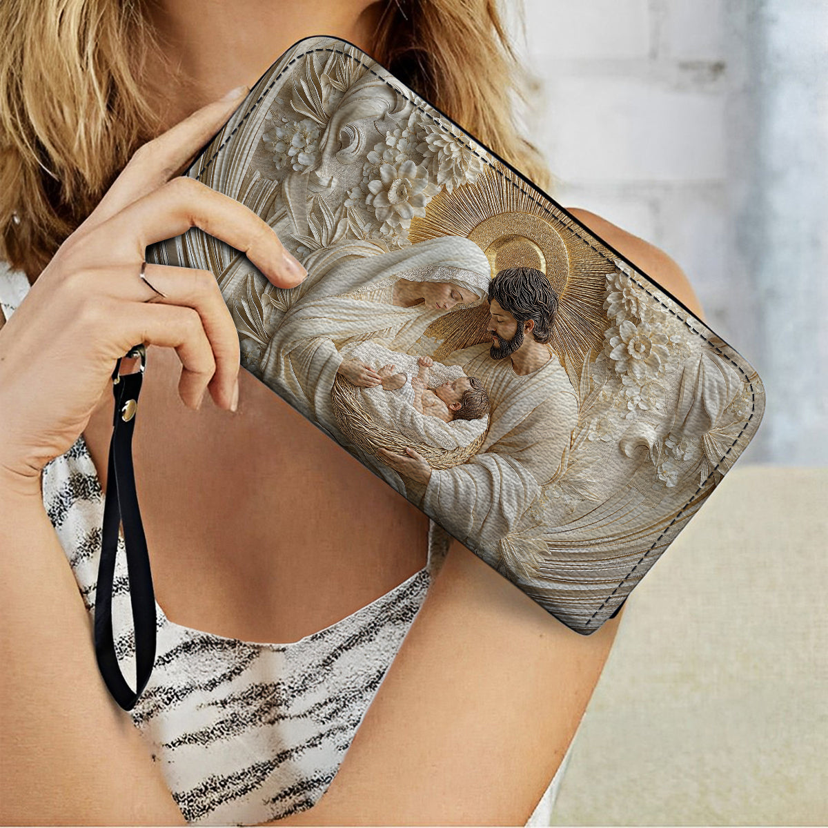 Shineful Leather Clutch Purse With Wristlet Strap Handle Holy Family