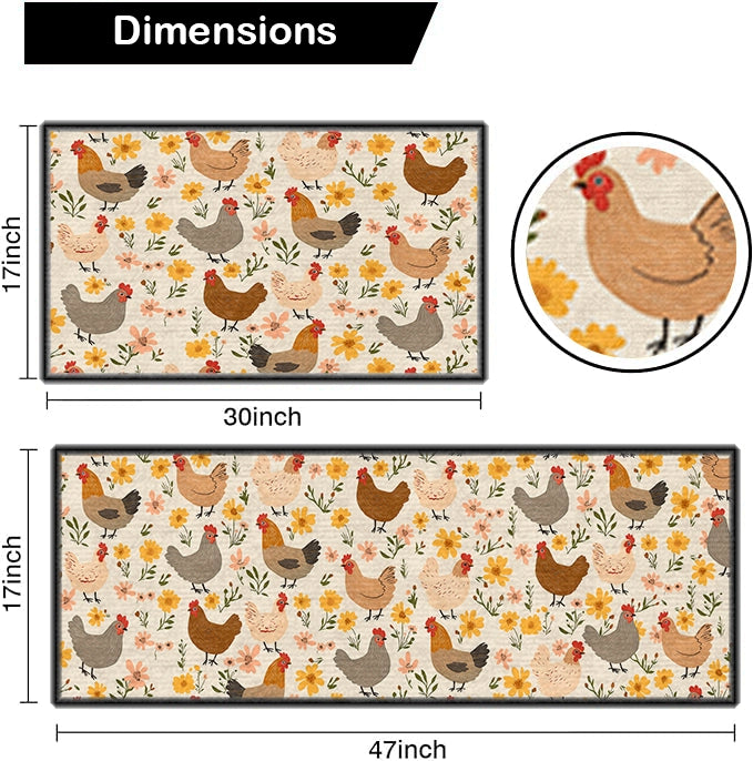 Shineful Ultra-Thin Non Skid Floor Mat, Kitchen Rugs Chicken Floral Cluckin' Cozy