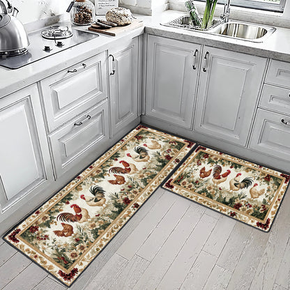 Shineful Ultra-Thin Non Skid Floor Mat, Kitchen Rugs Roosters Vintage Garden