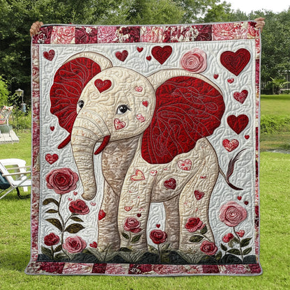 Shineful Flat Print Faux Quilt Blanket - Blissful Elephant of Love and Roses Quilt Artwork