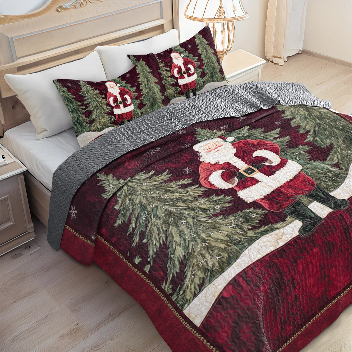 Shineful All Season Quilt 3-Piece Set Festive Santa Forest