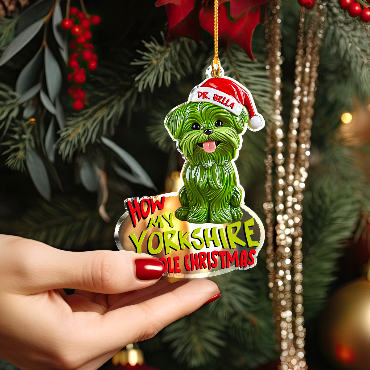 Shiny personalisiertes 2D-Acryl-Ornament „Wie mein Yorkie Weihnachten gestohlen hat“ 