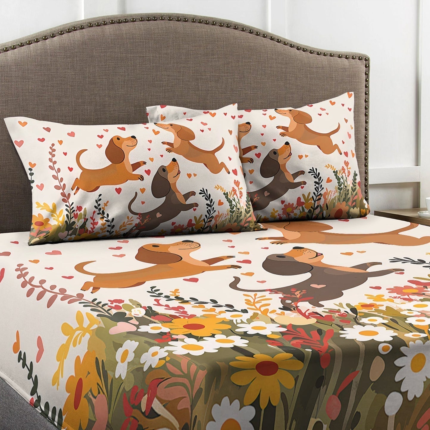 Shineful Fitted Sheet - Floral Dachshund With Heart