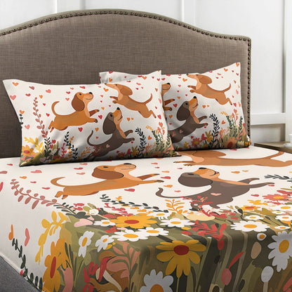 Shineful Fitted Sheet - Floral Dachshund With Heart