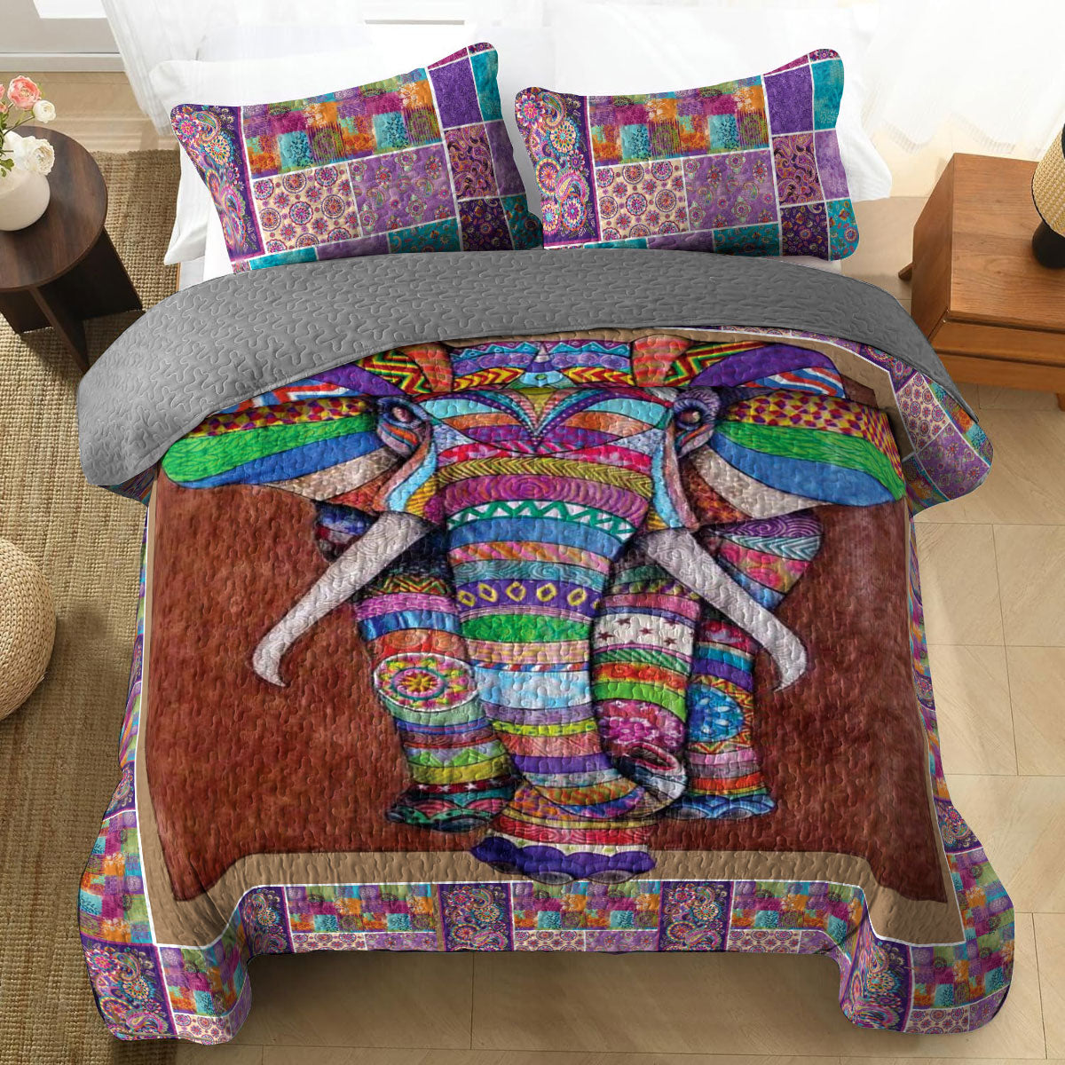 Shineful All Season Quilt 3-Piece Set Coloful Elephant