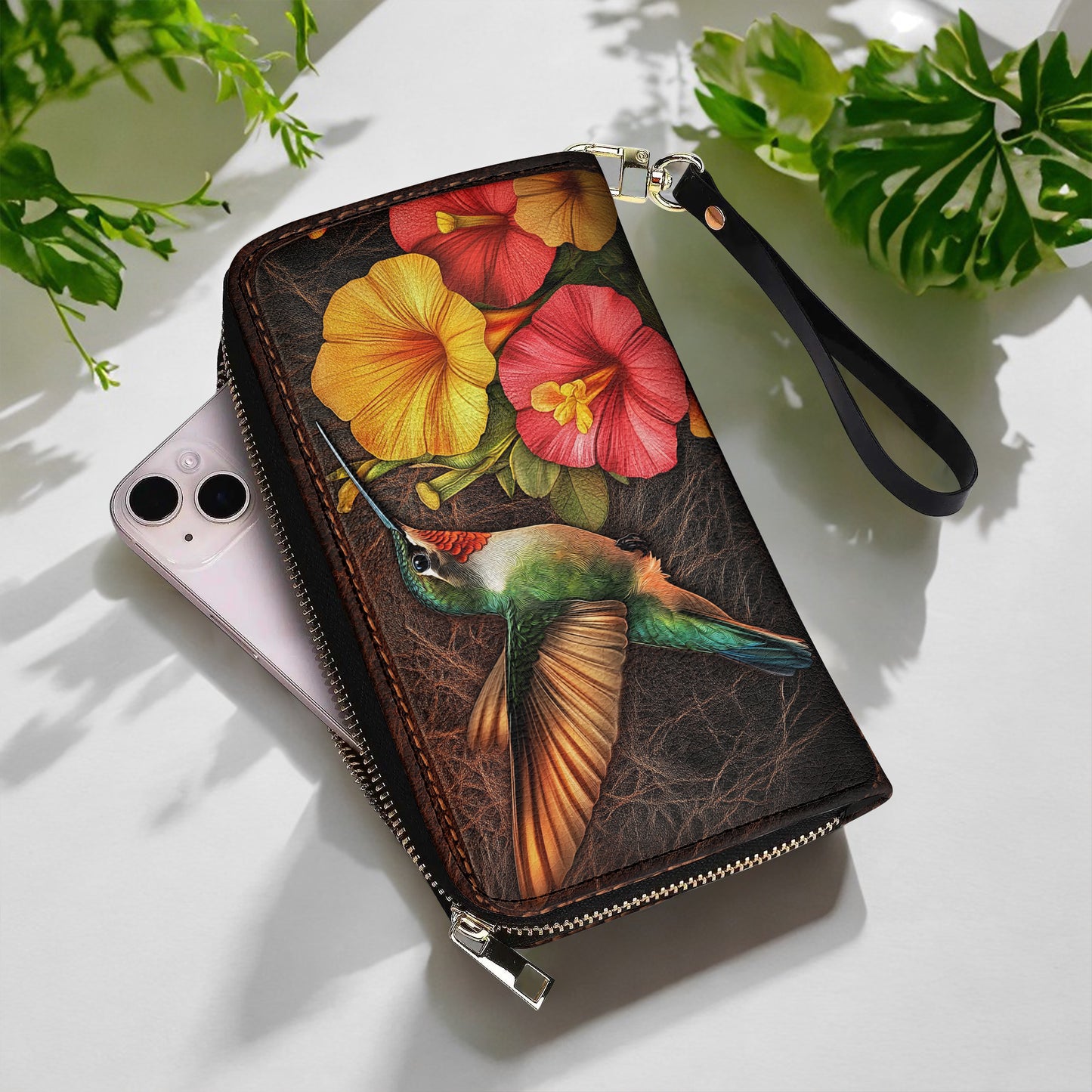 Shineful Leather Clutch Purse With Wristlet Strap Handle Tropical Hummingbird