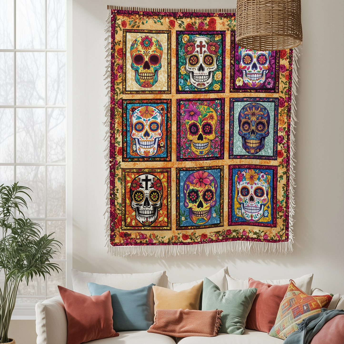 Shineful Woven Tapestry Throw Blanket Sugar Skull Fiesta