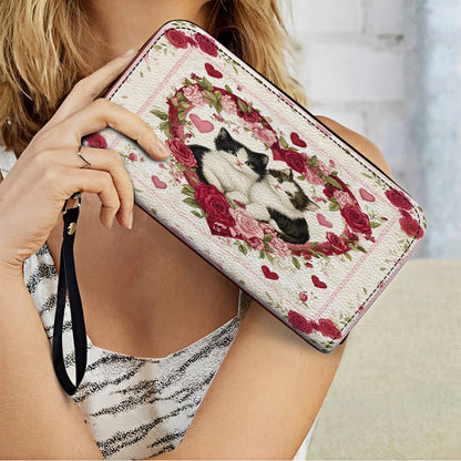 Shineful Leather Clutch Purse With Wristlet Strap Handle Kitten Love Blossom