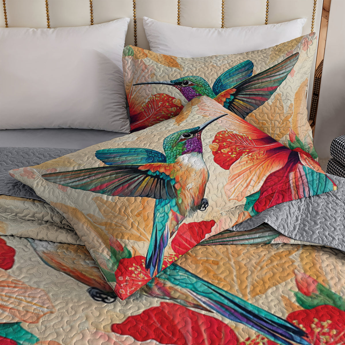 Shineful All Season Quilt 3-Piece Set Hummingbird and Hibiscus