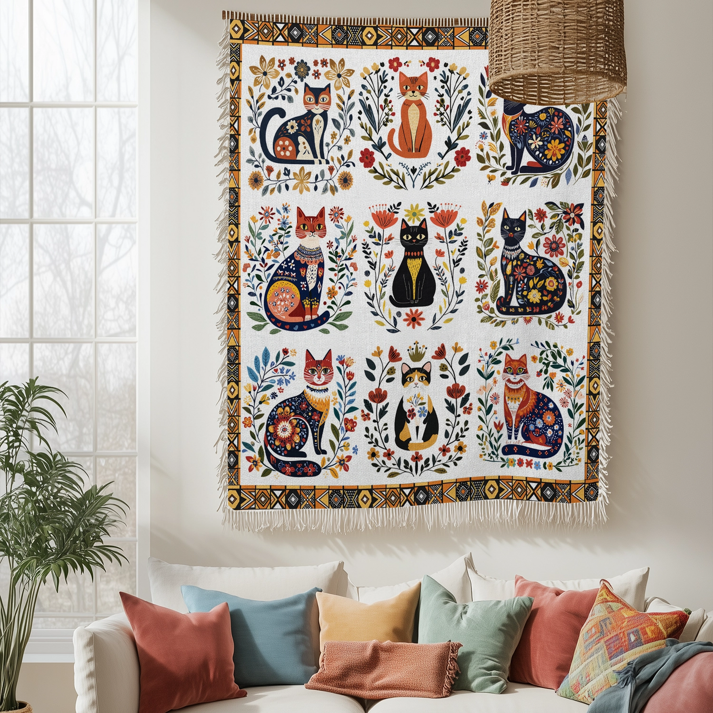 Shineful Woven Tapestry Throw Blanket Folk Cat Garden