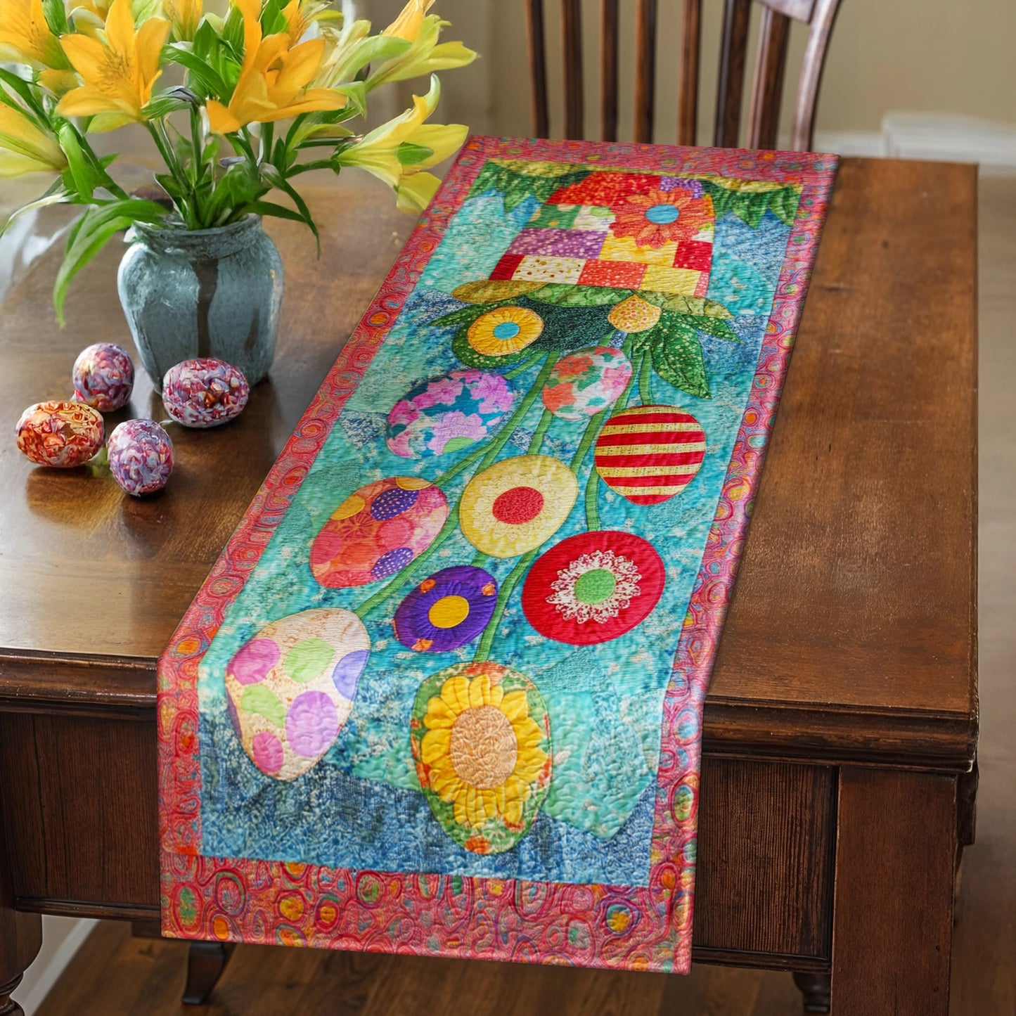 Shineful 2D Flat Print Quilted Table Runner Garden of Easter Joy