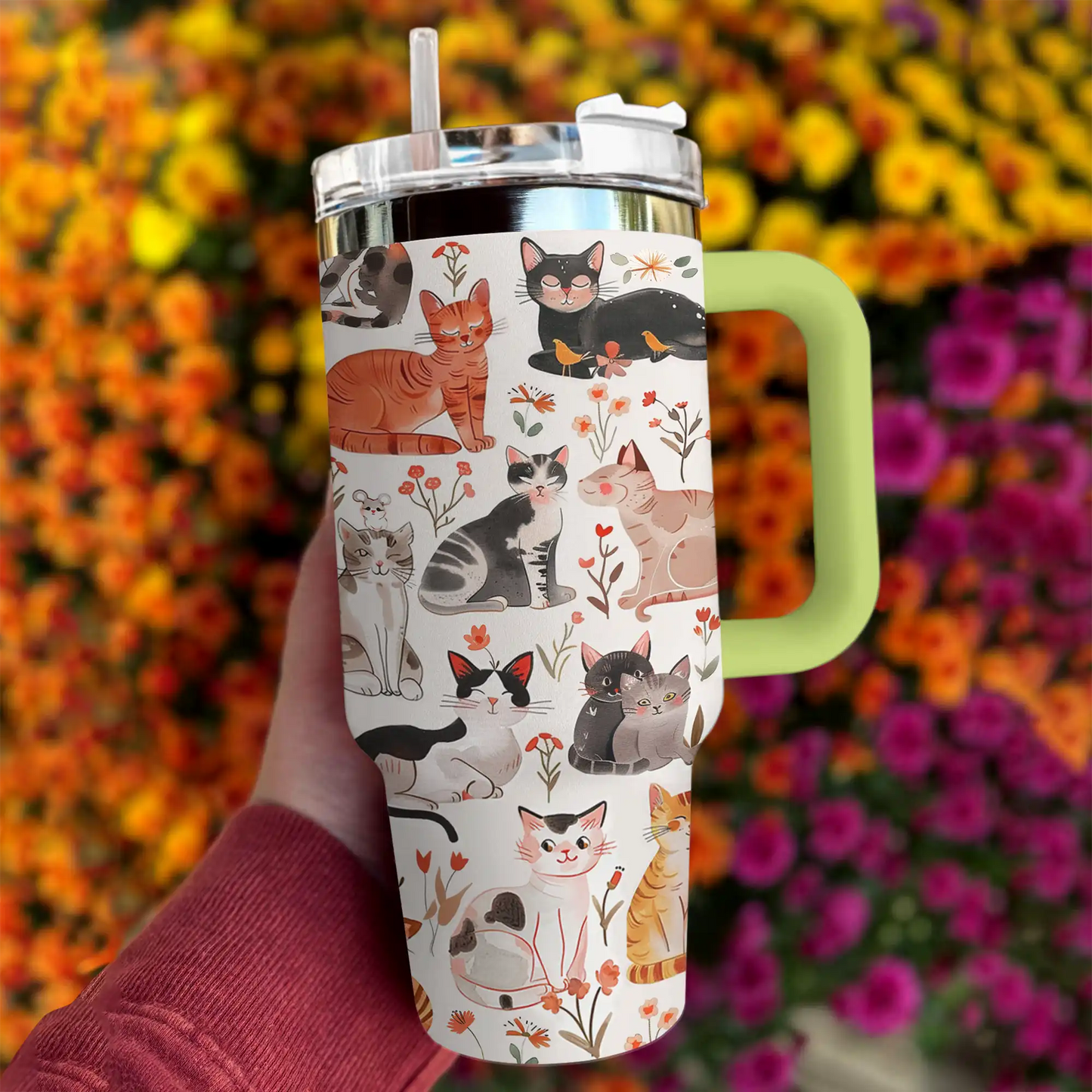 Glänzender Becher Blumen Katzen