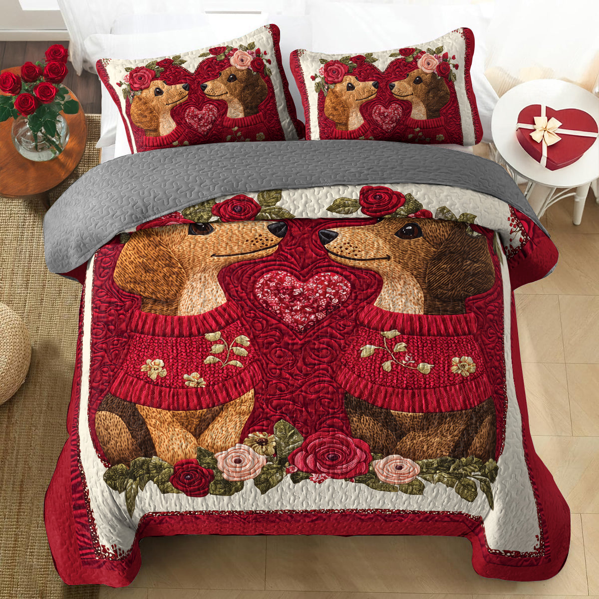 Shineful All Season Quilt 3-teiliges Set mit Herz- und Blumenmotiv, Dackelpaar