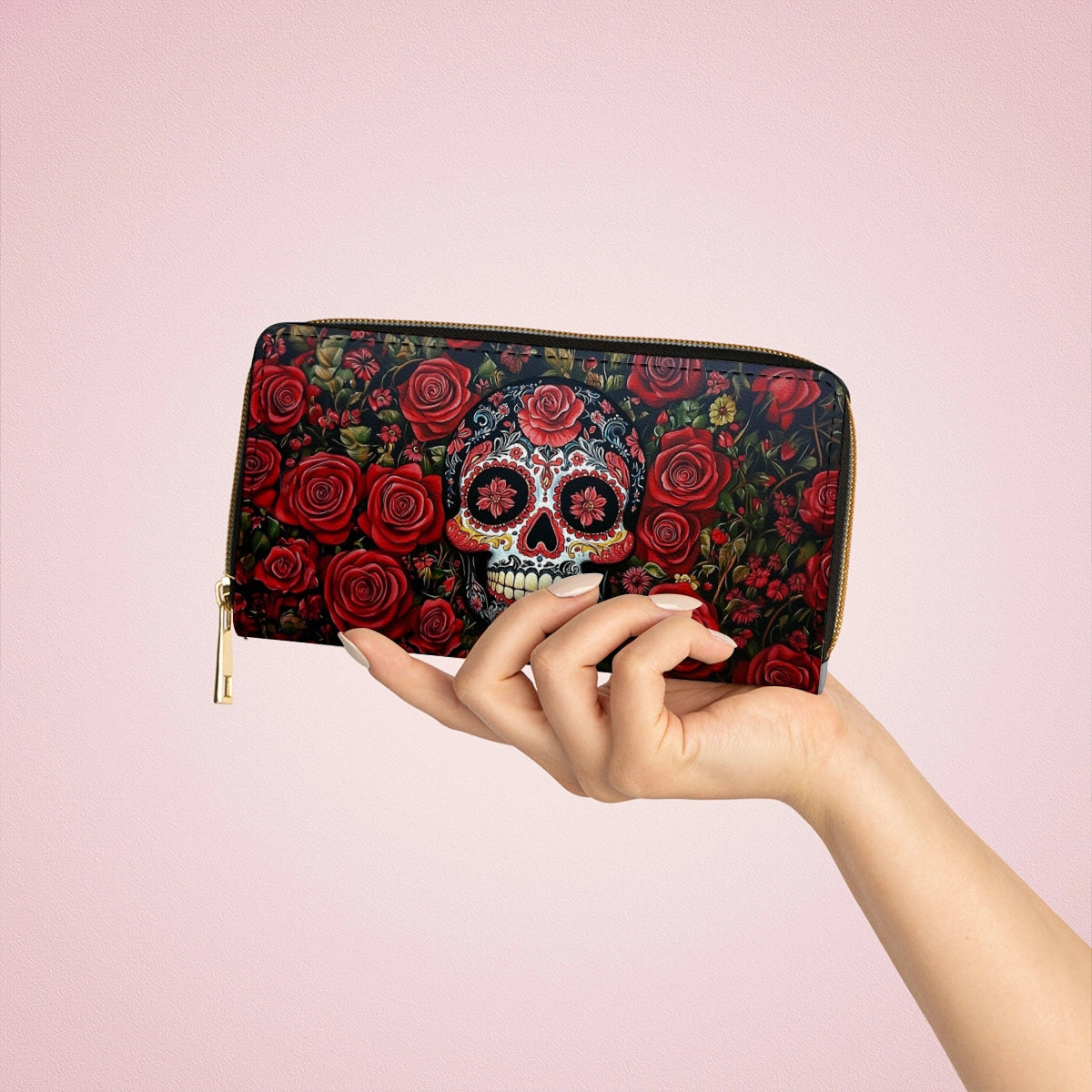 Shineful Leather Clutch Purse With Wristlet Strap Handle Roses & Sugar Skull Elegance