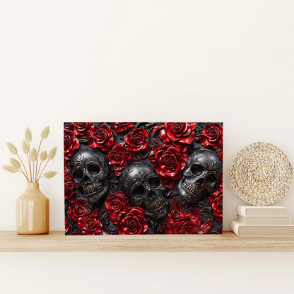 Glänzendes 2D Metallschild Muster Mystery Red Roses Skull