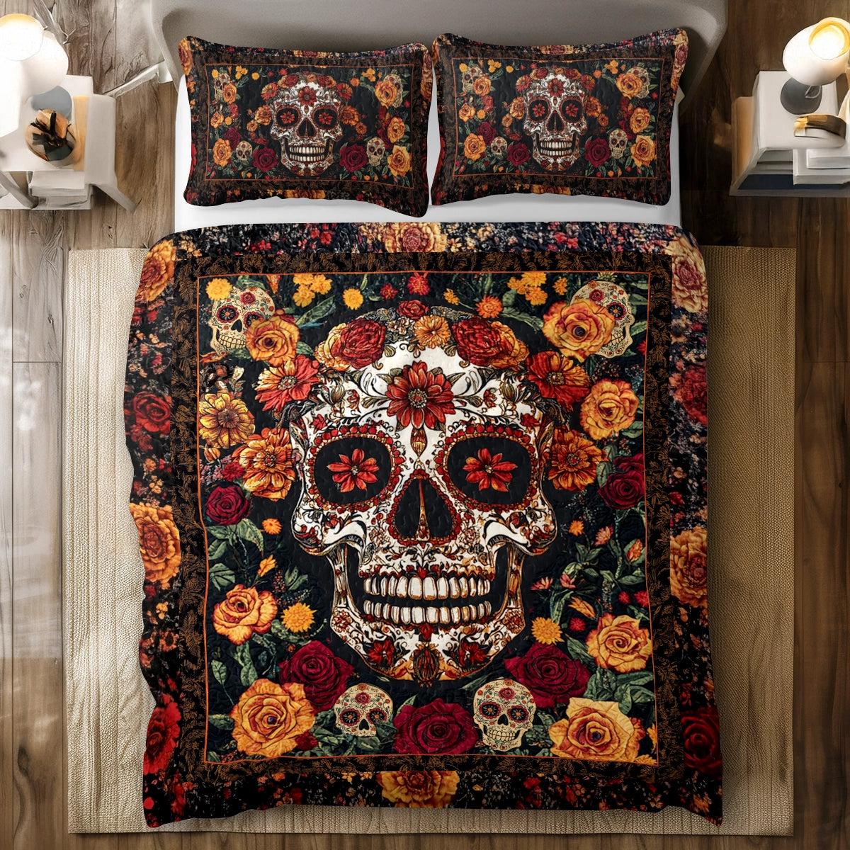 Shineful All Season Quilt 3-Piece Set - Enchanted Floral Skull