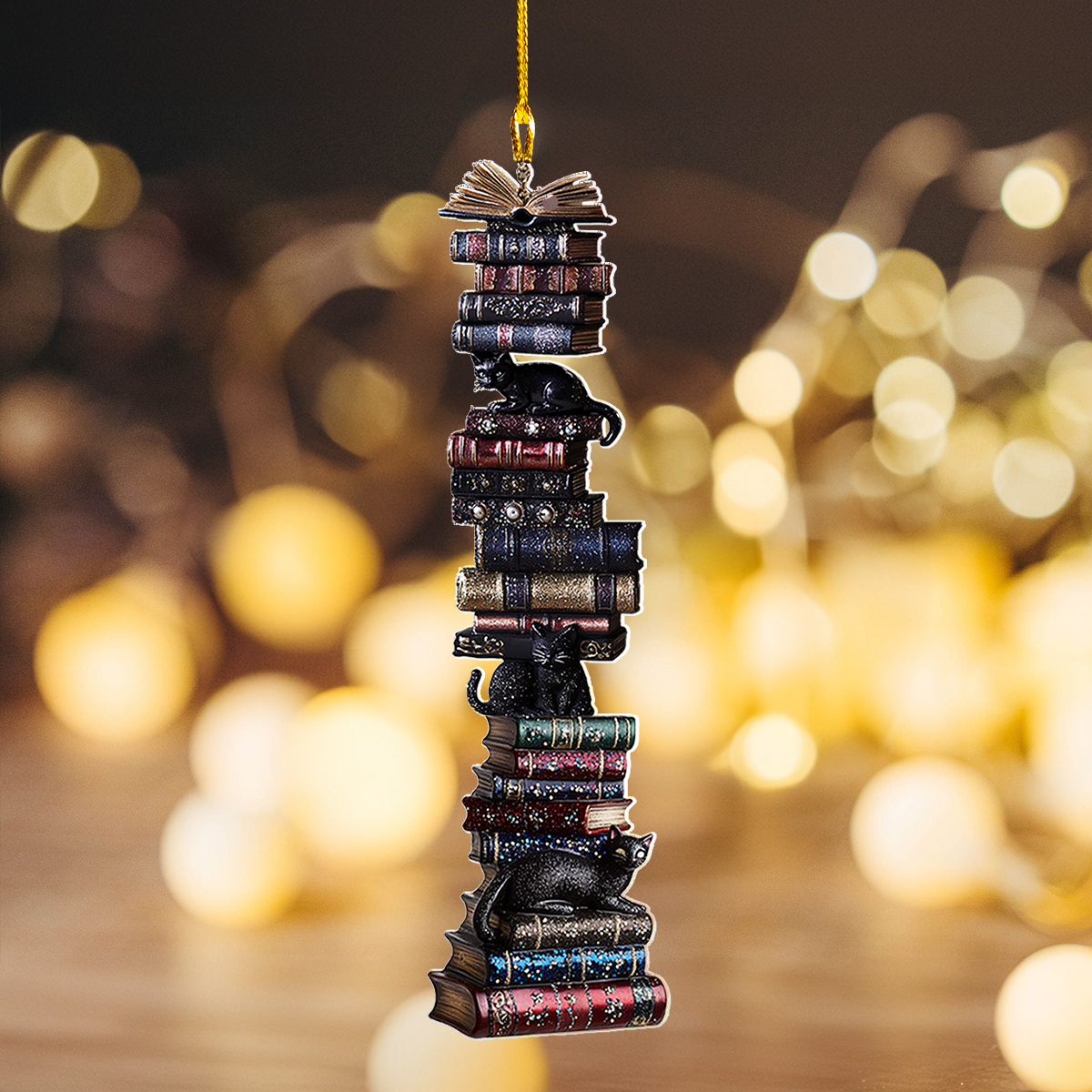 Shineful 2D Acrylic Ornament - Vintage Bookstack & Black Cat