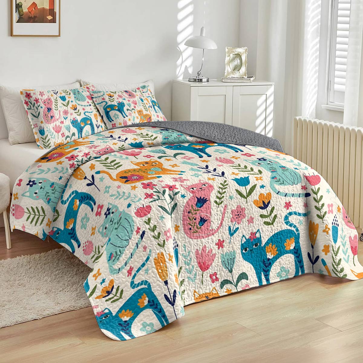 Shineful All Season Quilt 3-Piece Set Floral Cats