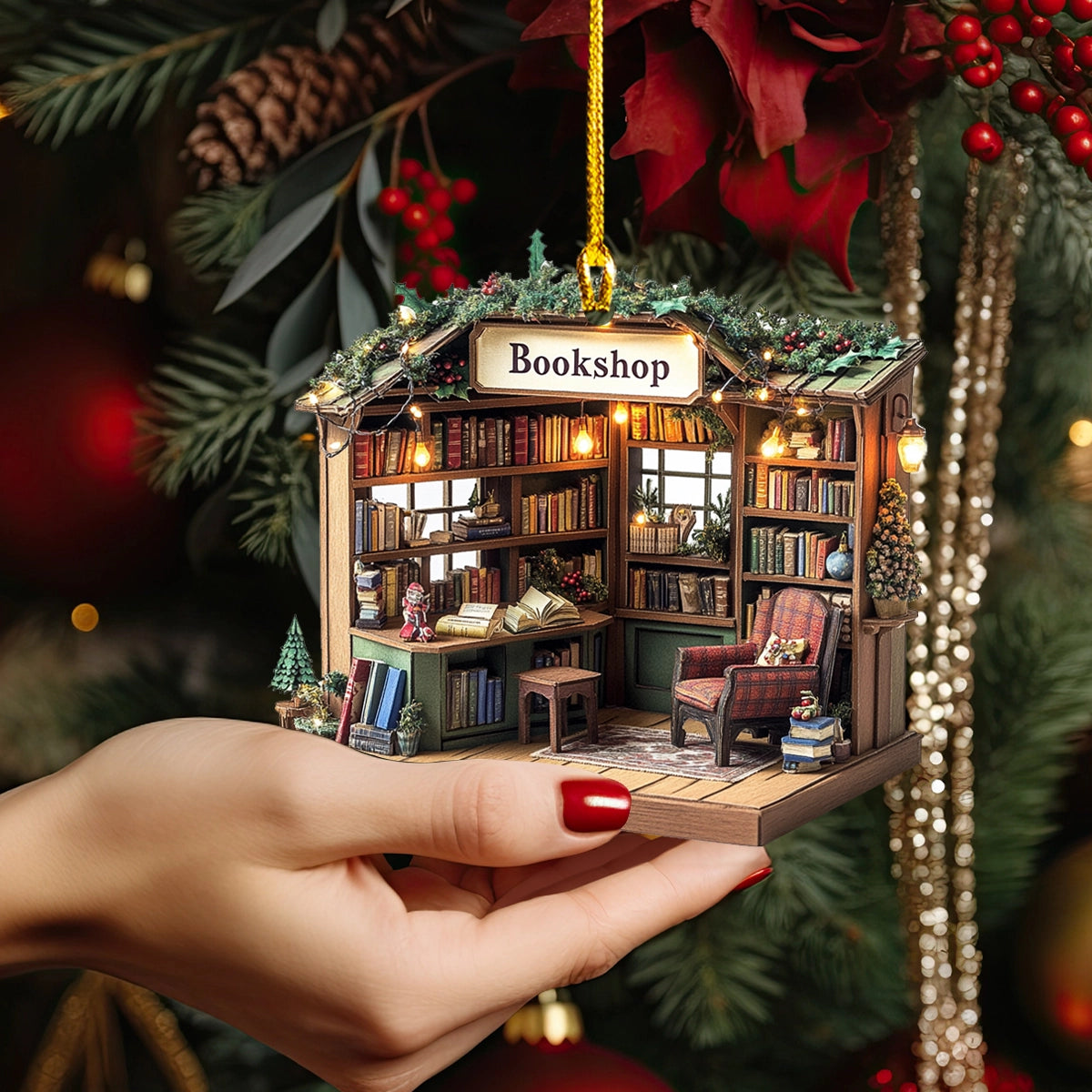 Shineful 2D Acrylic Ornament Cozy Christmas Bookshop Corner