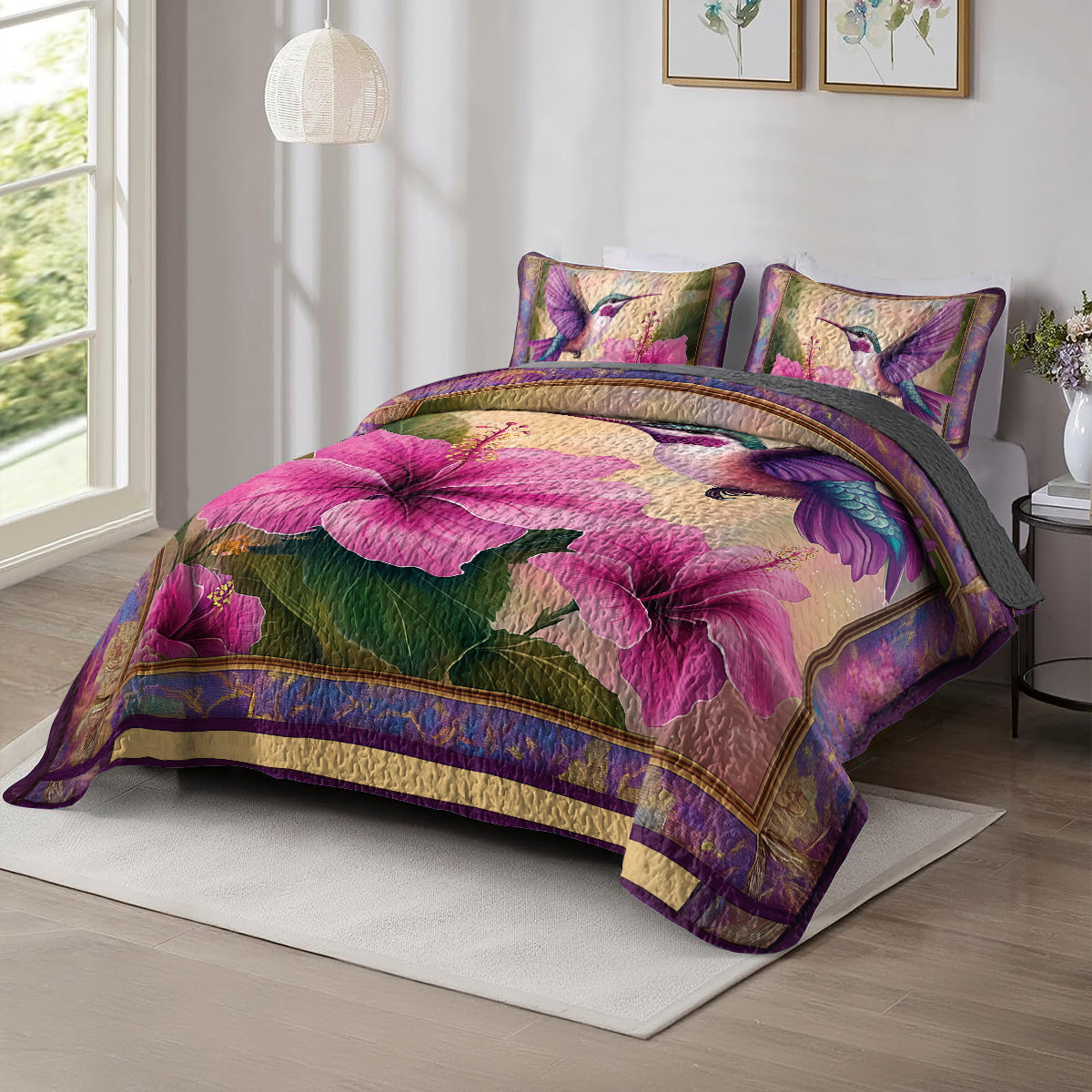 Shineful All Season Quilt 3-Piece Set - Whispers of Nature: Hummingbird & Hibiscus