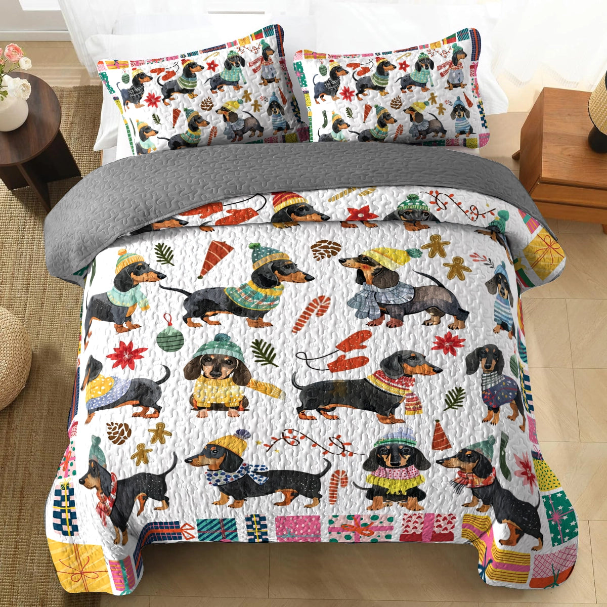 Shineful All Season Quilt 3-Piece Set Cozy Christmas Dachshund