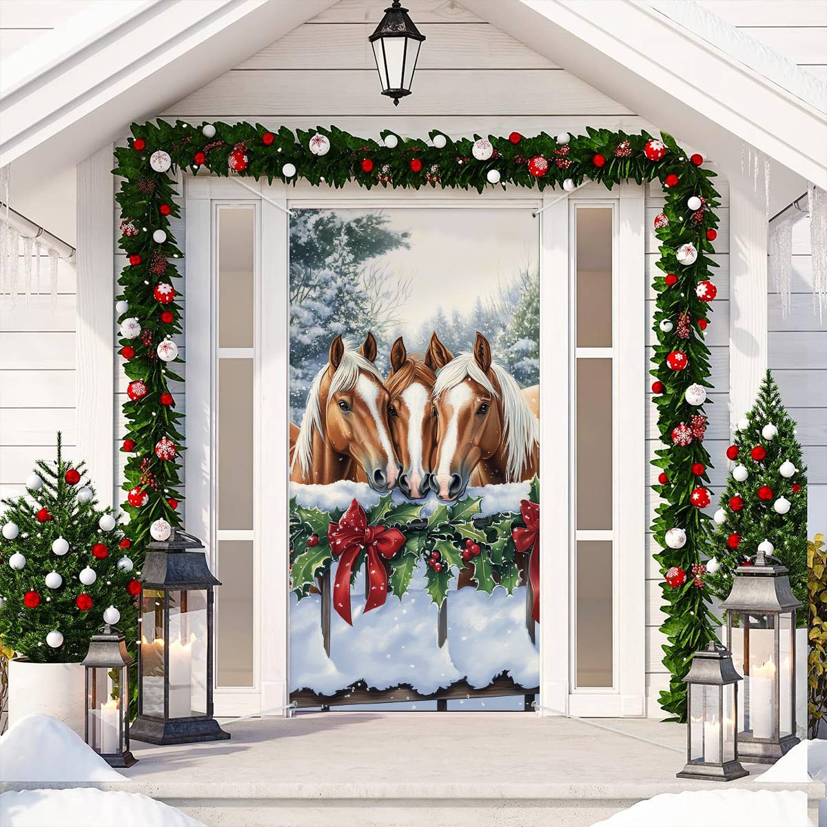 Shineful Door Cover Festive Horses Christmas