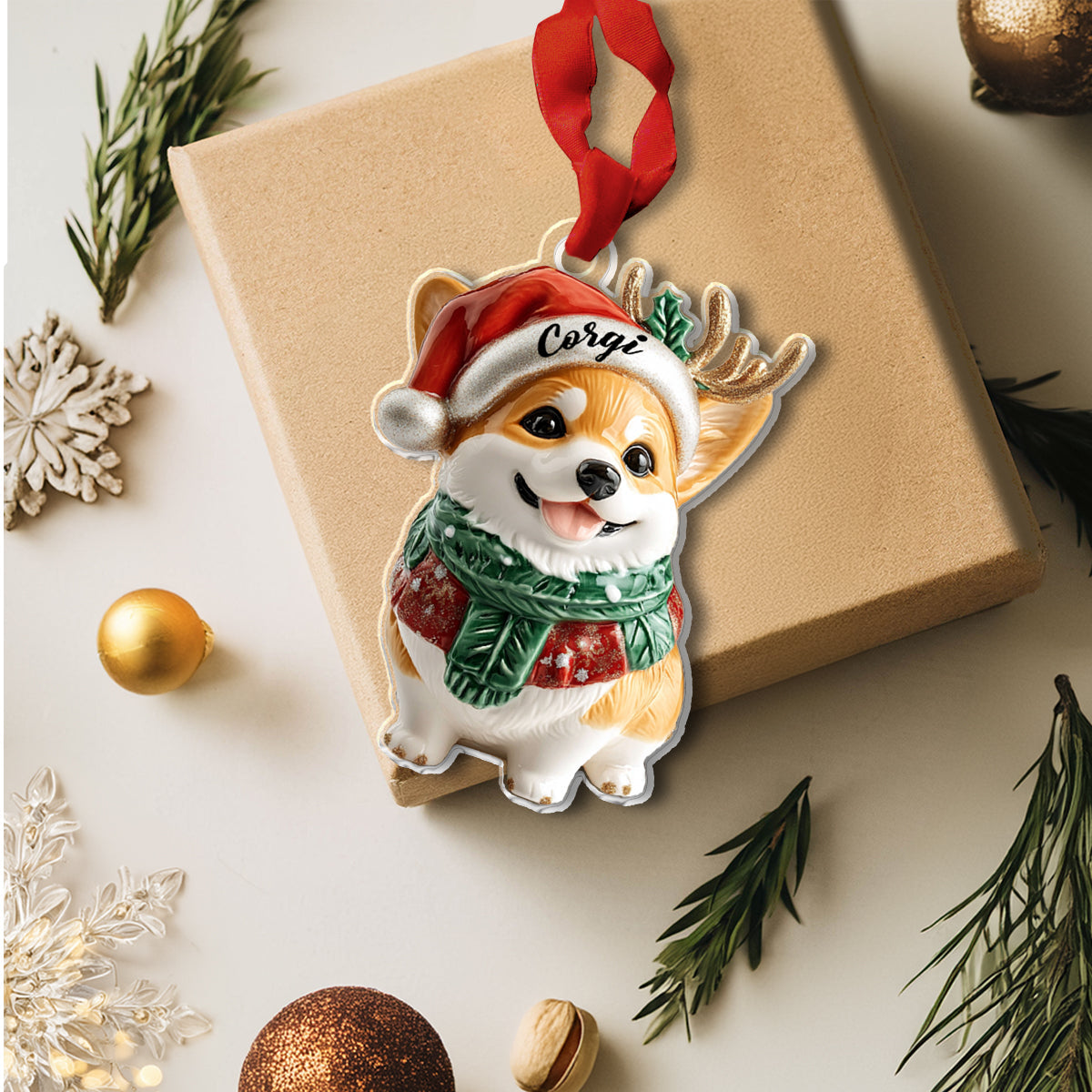 Glänzendes 2D-Ornament aus Acryl – Festliche Corgi-Weihnachtskollektion 