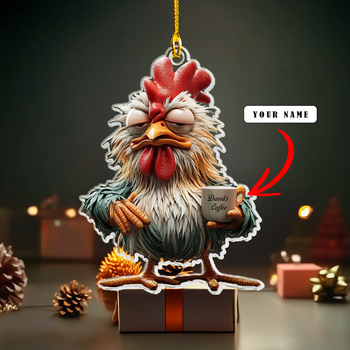 Glänzendes personalisiertes 2D-Acryl-Ornament – ​​Grumpy Rooster