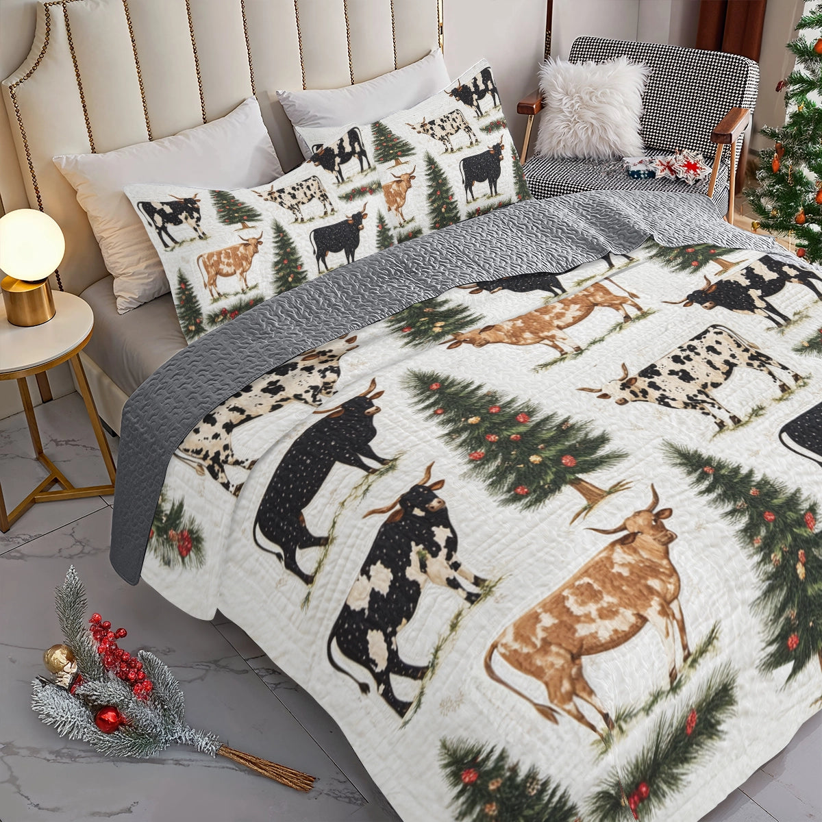 Shineful All Season Quilt 3-Piece Set Cow Rustic Christmas Longhorn